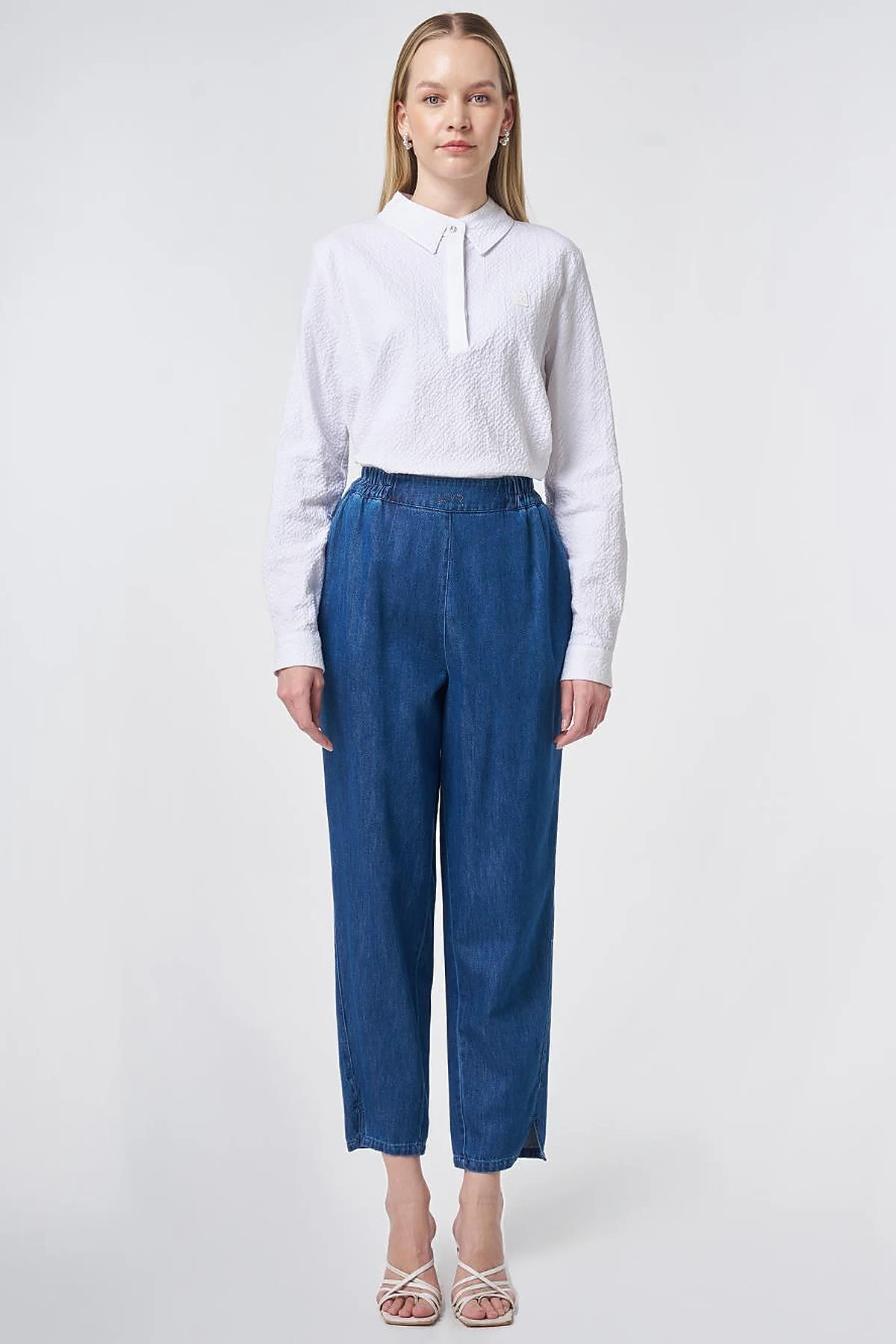 Washed Metallic Print Denim Trousers Blue