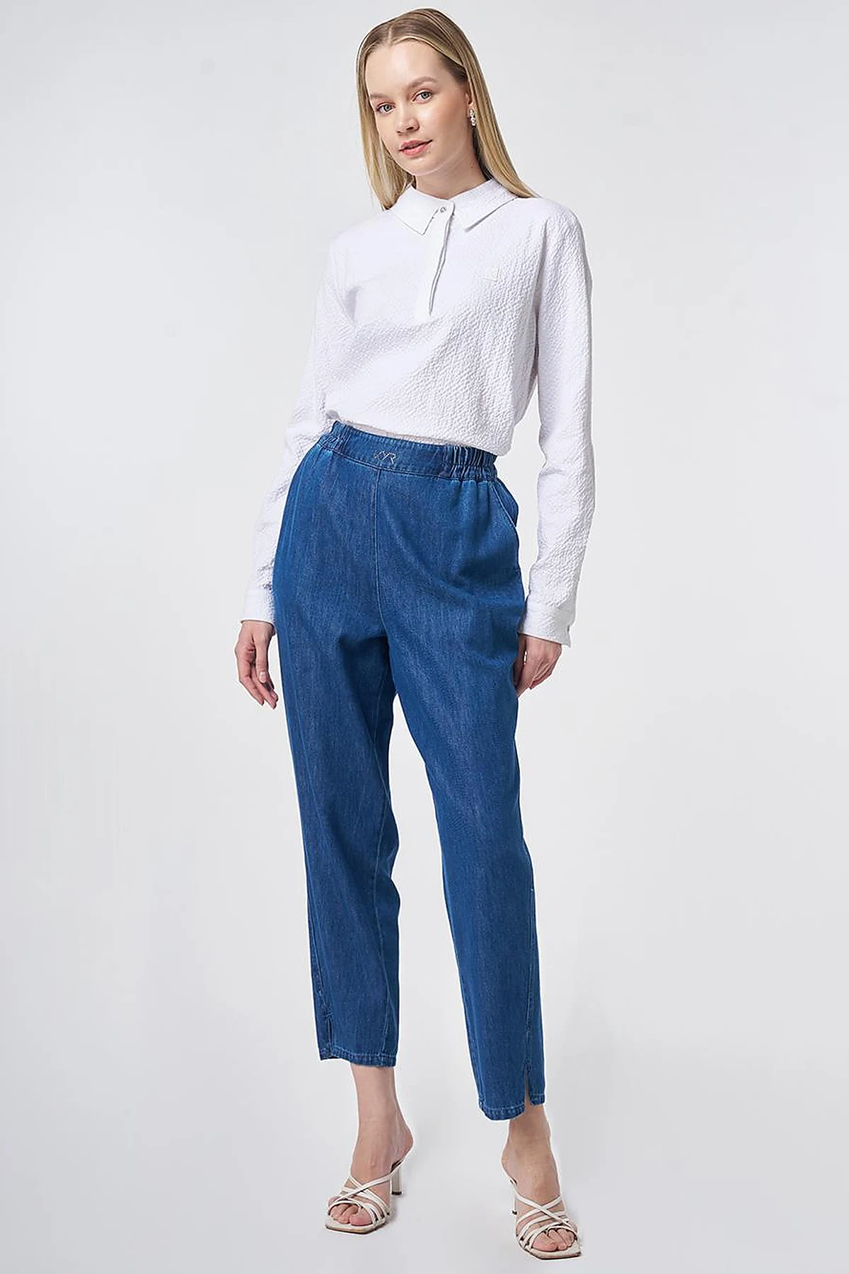 Washed Metallic Print Denim Trousers Blue