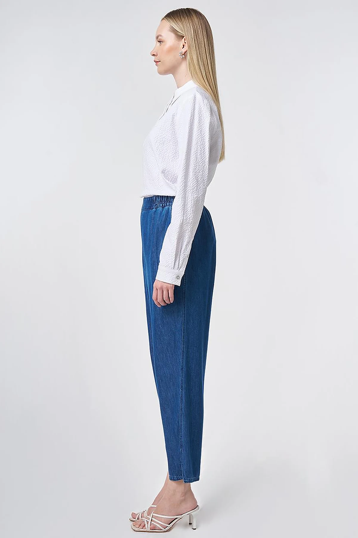 Washed Metallic Print Denim Trousers Blue