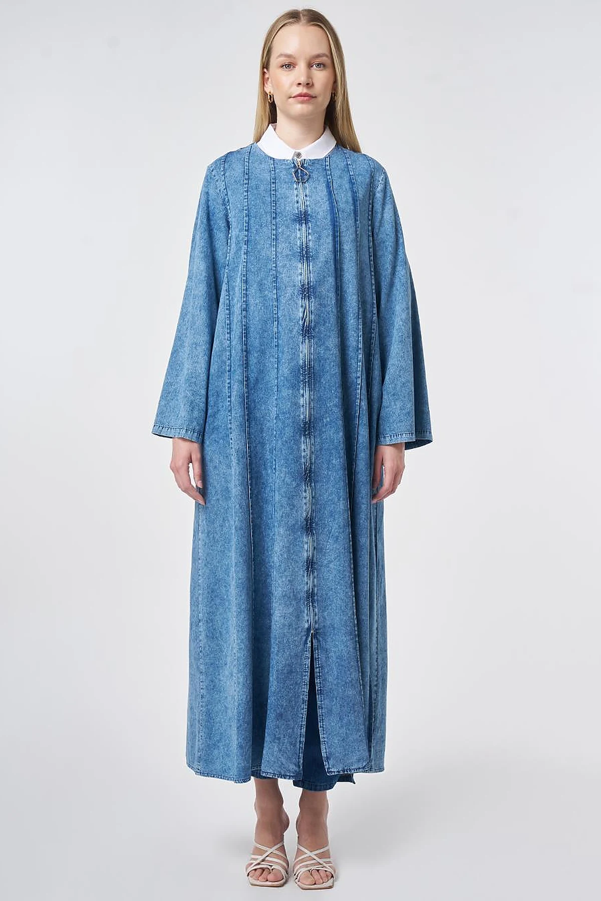 Washed Panel-Stitched Throw-On Blue