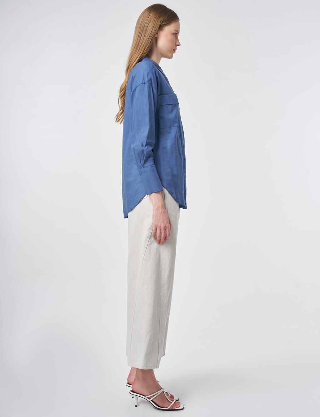 Wide Cuff Linen-Viscose Tunic in Indigo