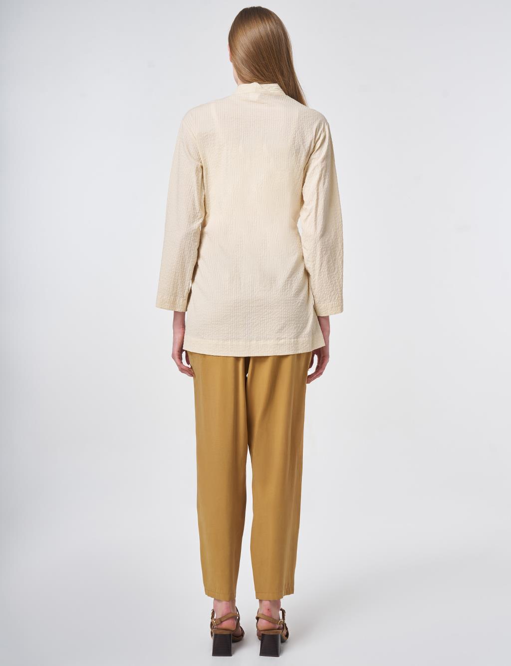 %100 Pamuklu Boncuk İşlemeli Kimono Krem 