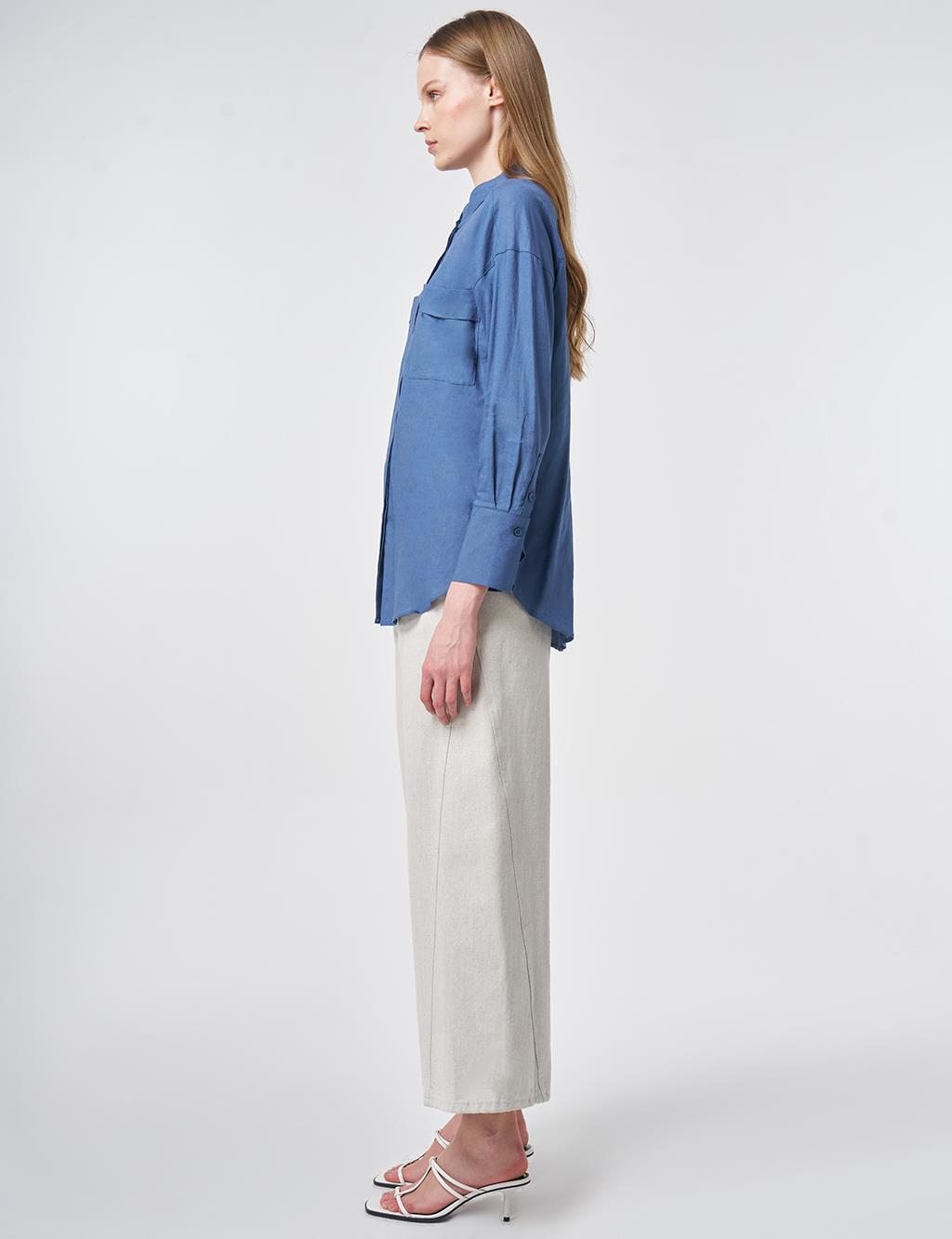 Wide Cuff Linen-Viscose Tunic in Indigo