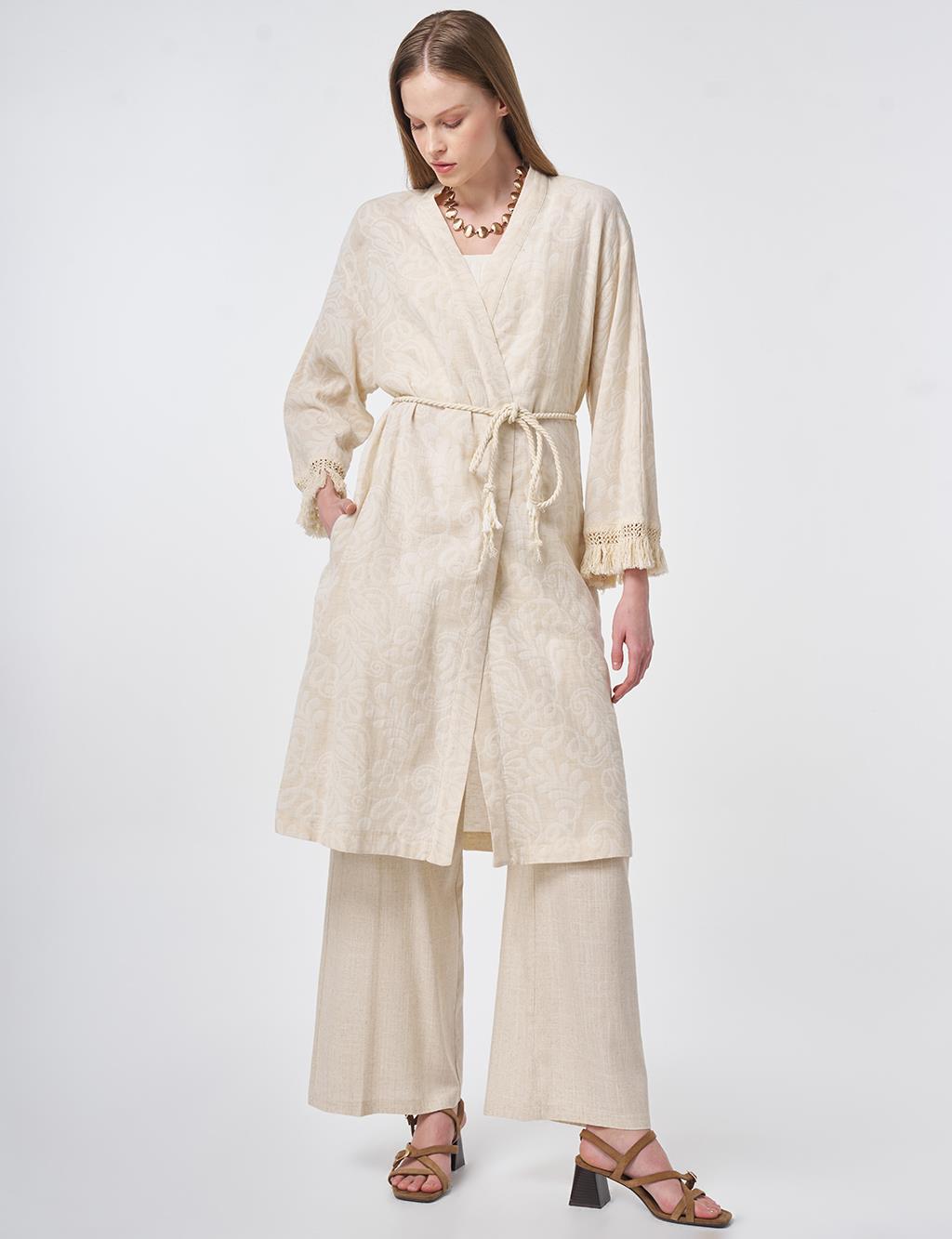 Bilekleri Püsküllü Kimono Krem 