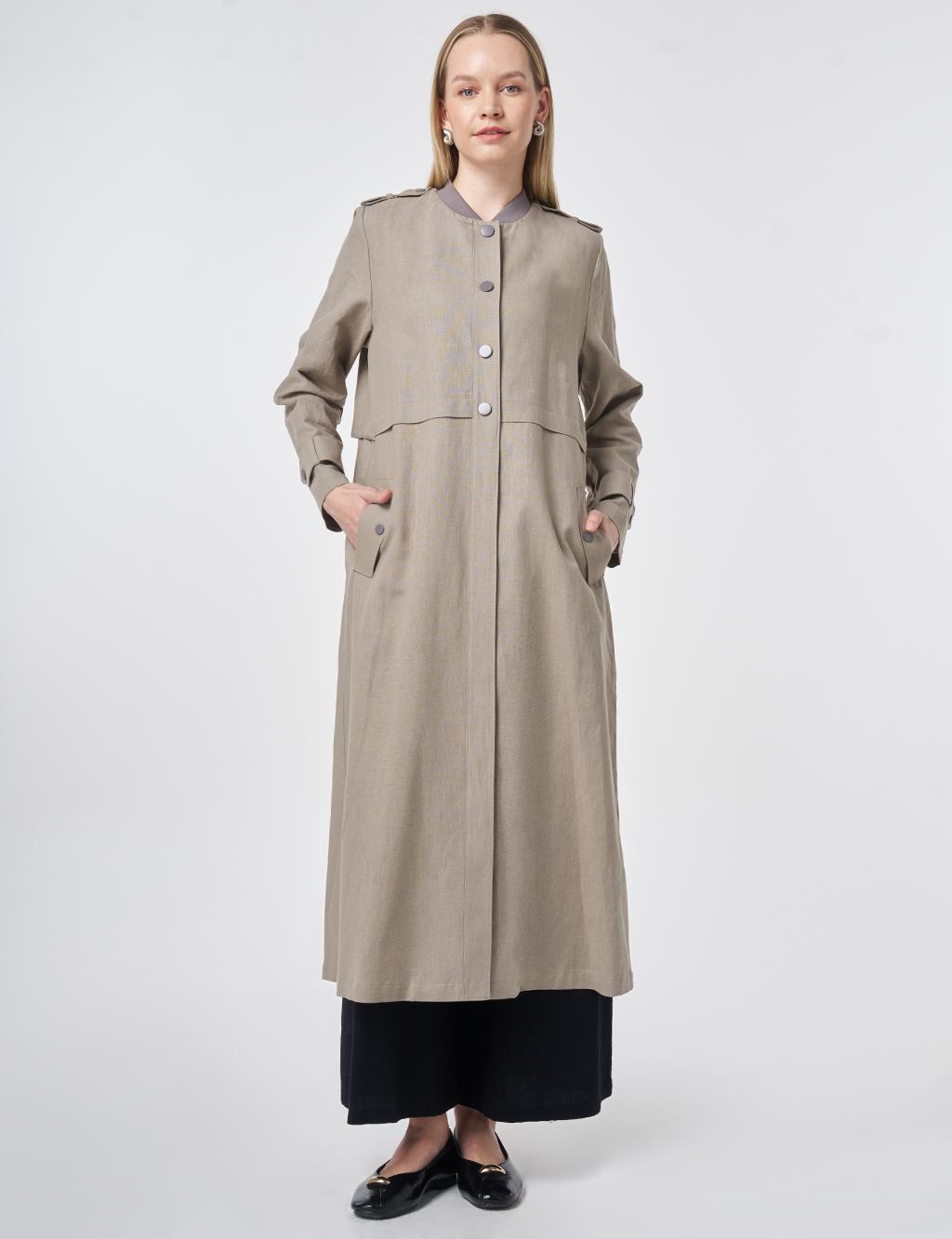 Apolet Detaylı Pamuk Keten Giy Çık Koyu Vizon 