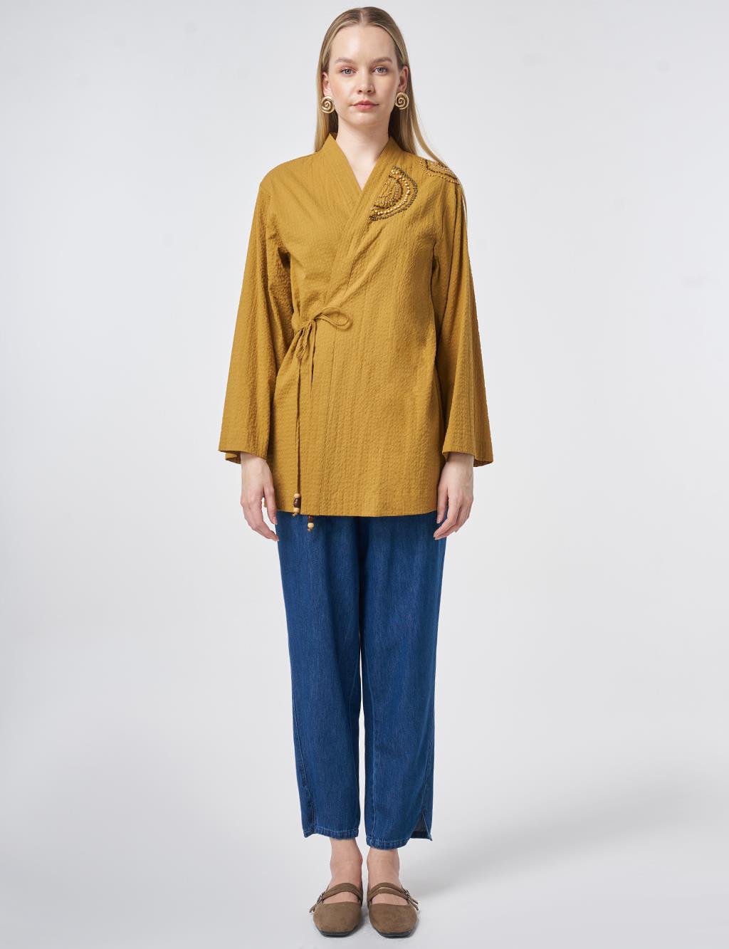100% Cotton Beaded Kimono in Dark Mustard