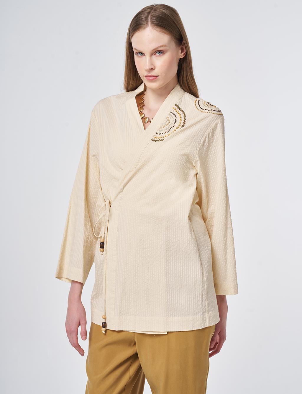 %100 Pamuklu Boncuk İşlemeli Kimono Krem 