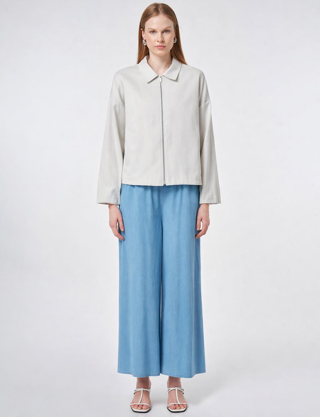 Fermuar Kapamalı Non Denim Kısa Ceket Gri 