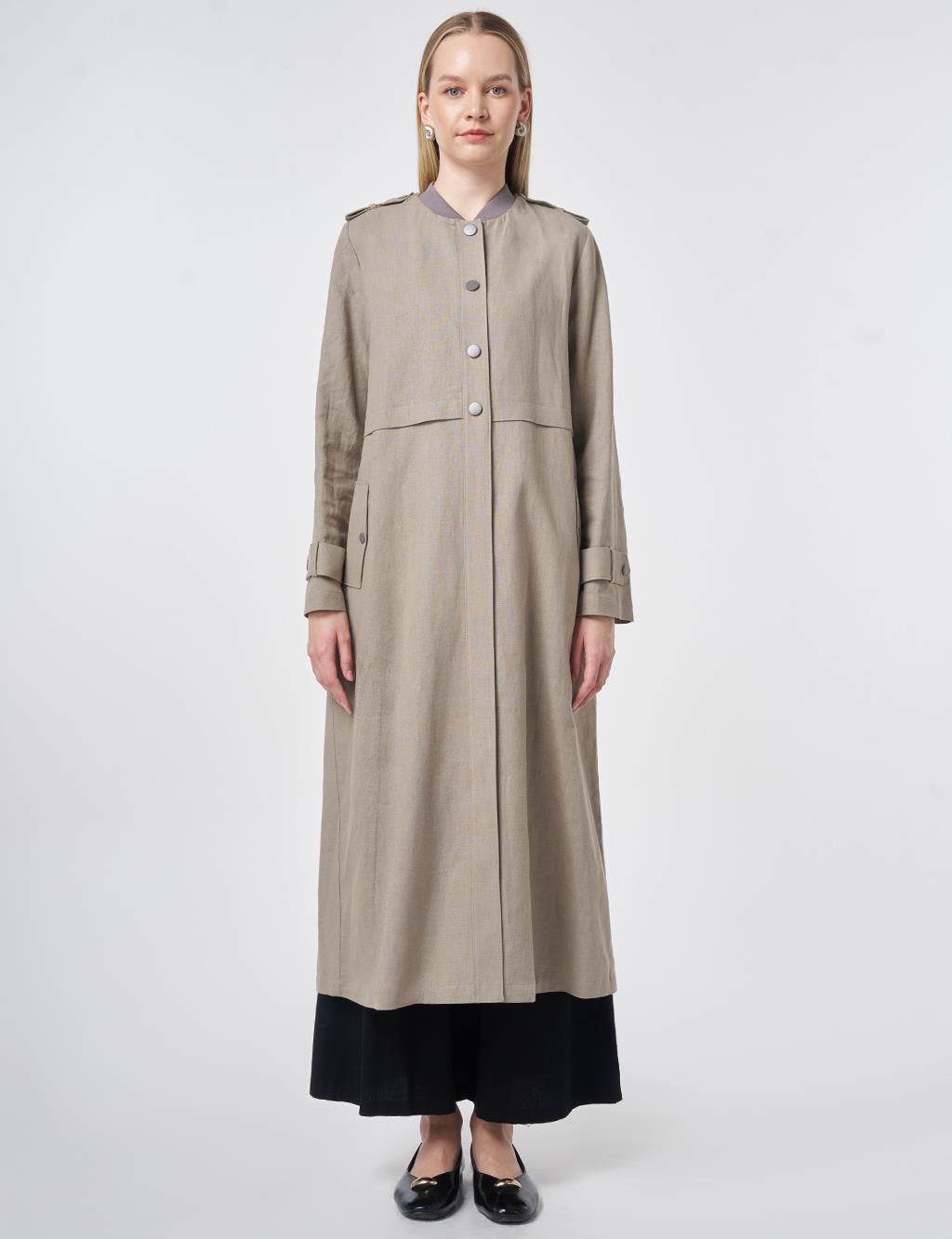 Apolet Detaylı Pamuk Keten Giy Çık Koyu Vizon 