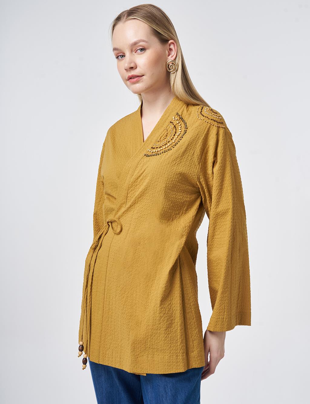 100% Cotton Beaded Kimono in Dark Mustard