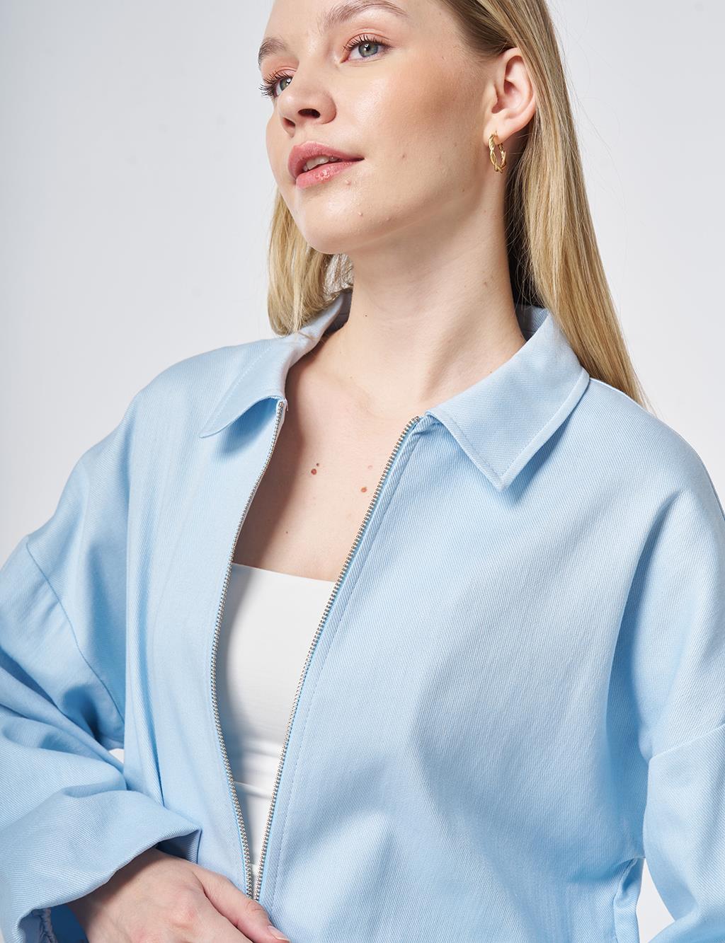 Zip-Closure Non-Denim Cropped Jacket in Blue