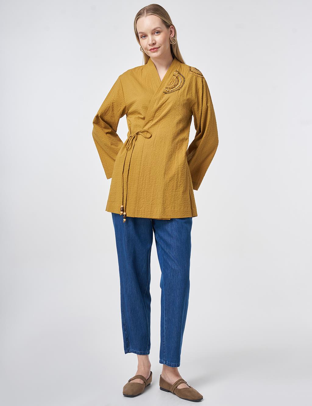 100% Cotton Beaded Kimono in Dark Mustard