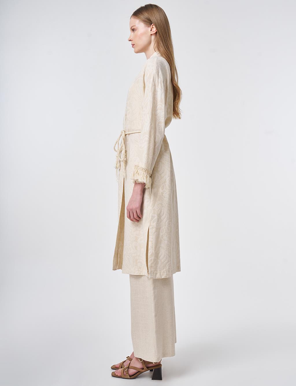 Bilekleri Püsküllü Kimono Krem 