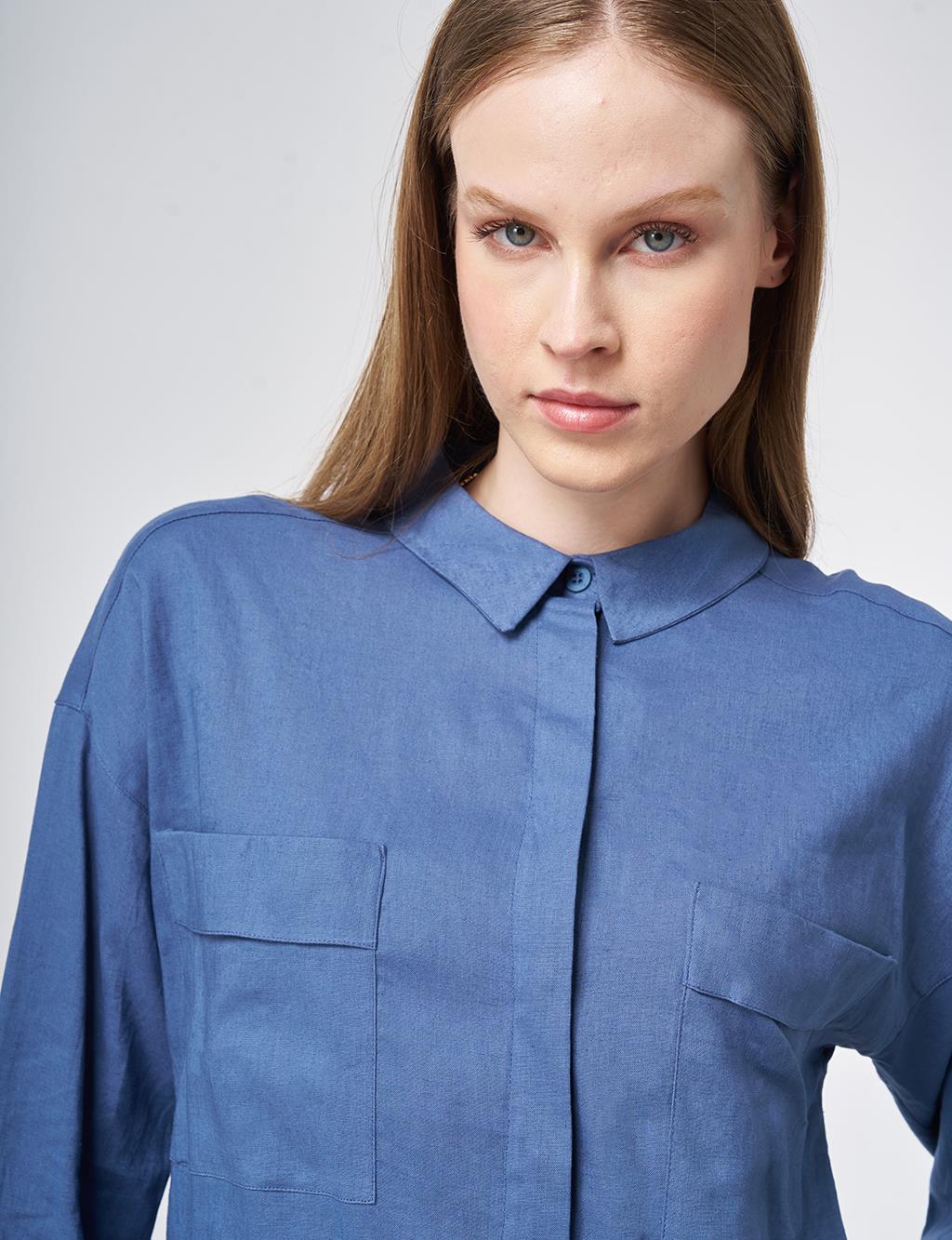 Wide Cuff Linen-Viscose Tunic in Indigo