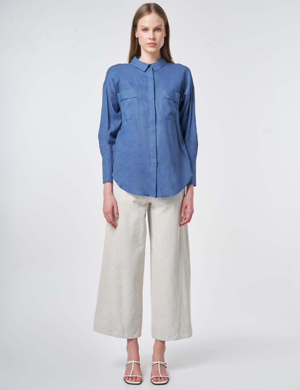 Wide Cuff Linen-Viscose Tunic in Indigo