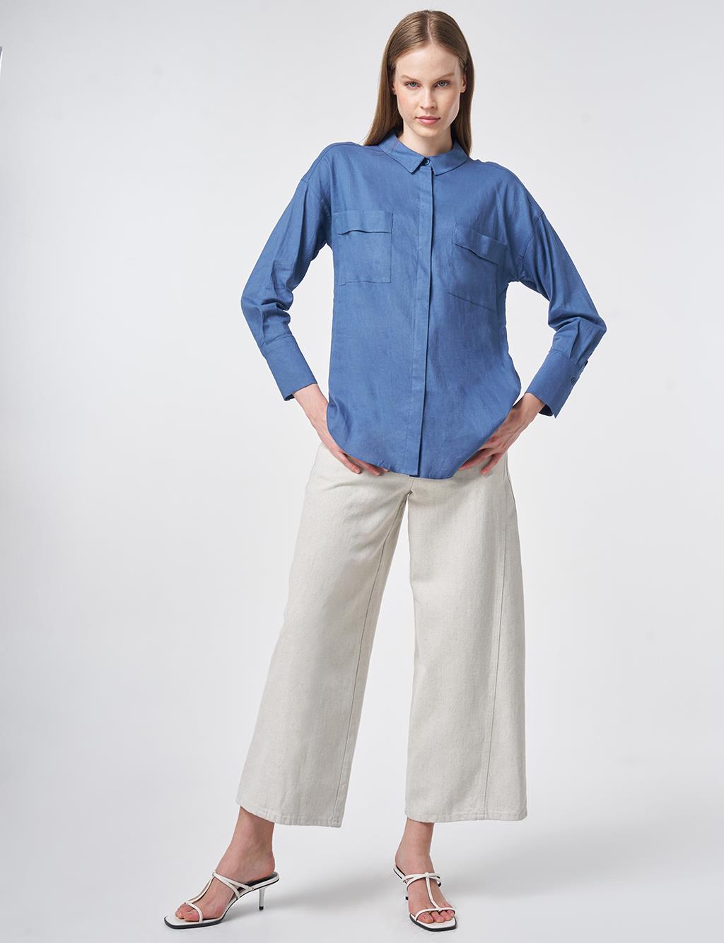 Wide Cuff Linen-Viscose Tunic in Indigo