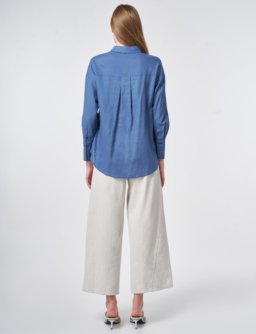 Wide Cuff Linen-Viscose Tunic in Indigo