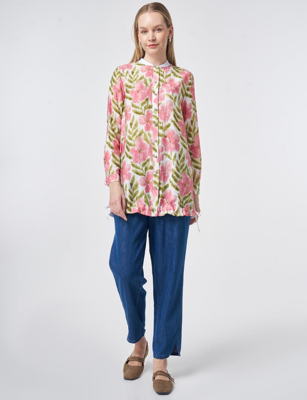 Watercolor-Effect Viscose Tunic in Matcha Green