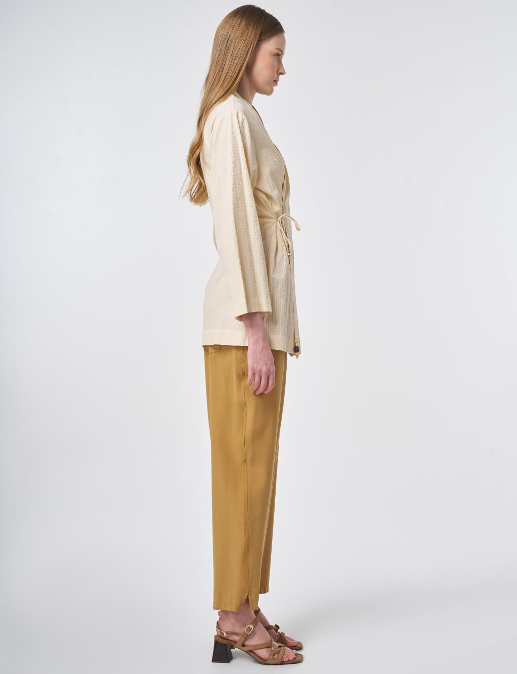 %100 Pamuklu Boncuk İşlemeli Kimono Krem 