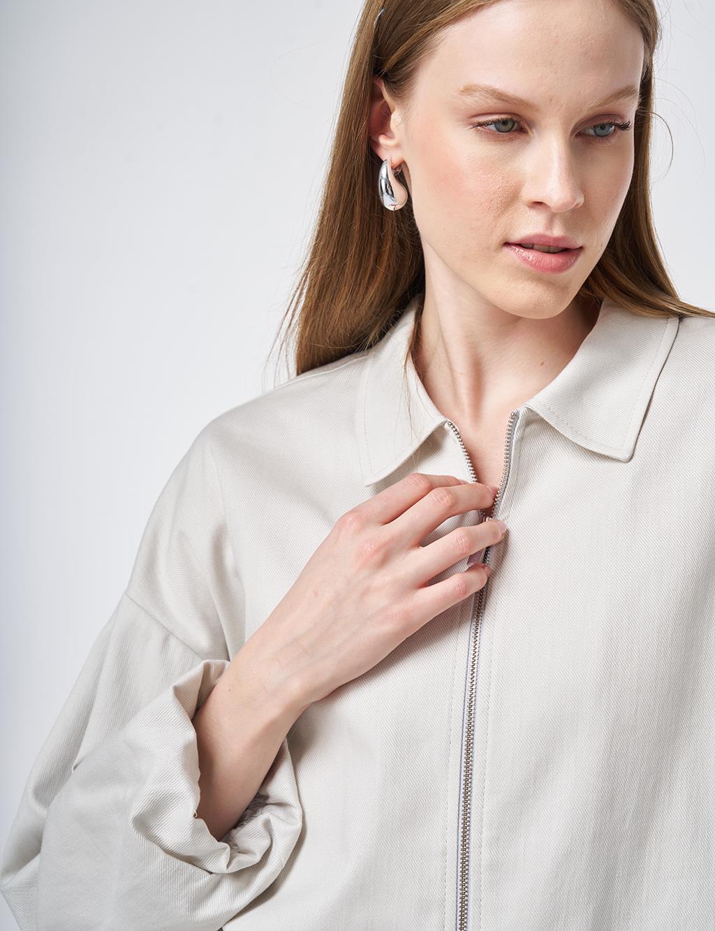 Fermuar Kapamalı Non Denim Kısa Ceket Gri 