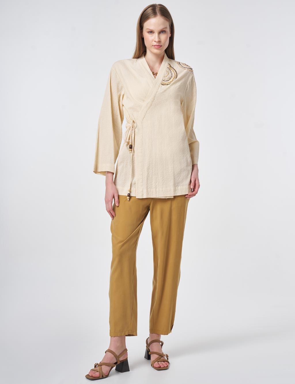 %100 Pamuklu Boncuk İşlemeli Kimono Krem 