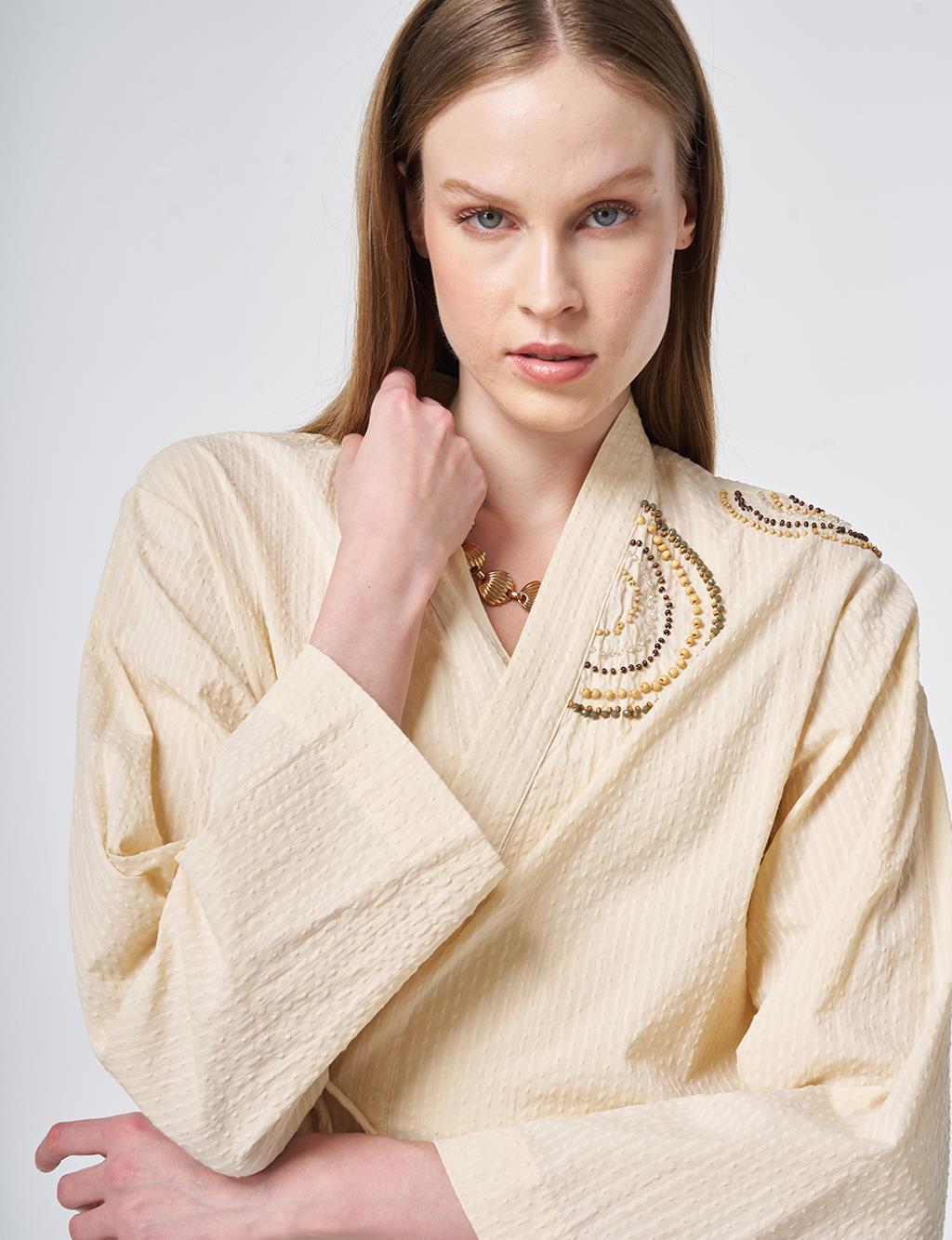 %100 Pamuklu Boncuk İşlemeli Kimono Krem 