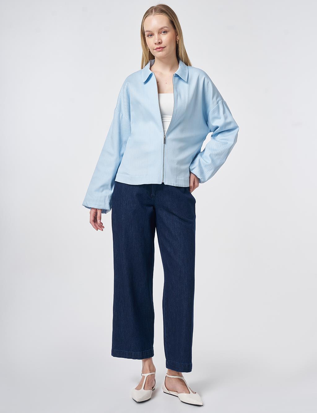 Zip-Closure Non-Denim Cropped Jacket in Blue