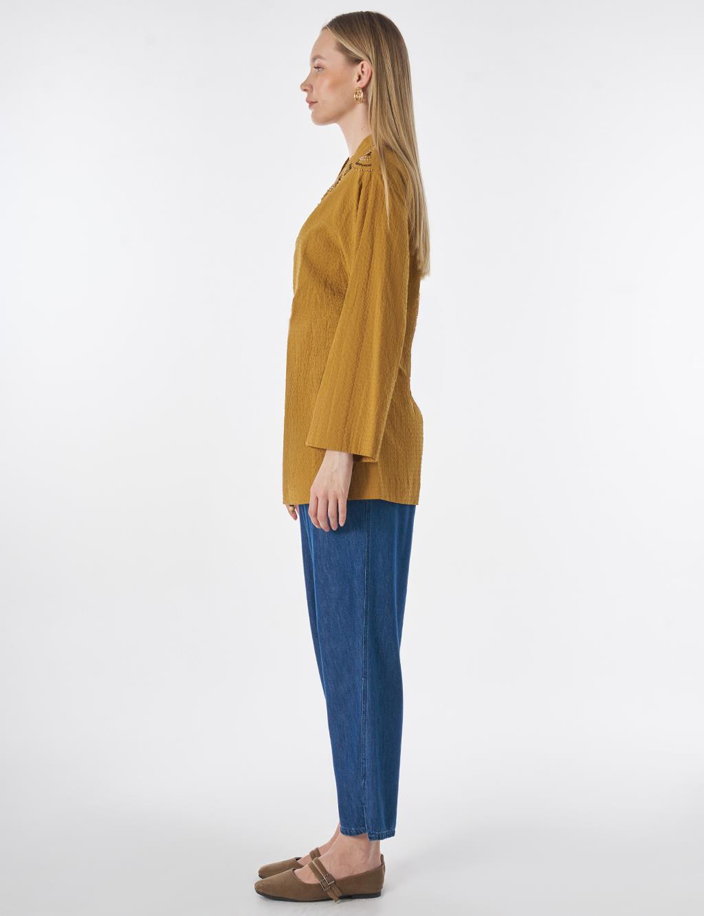 100% Cotton Beaded Kimono in Dark Mustard