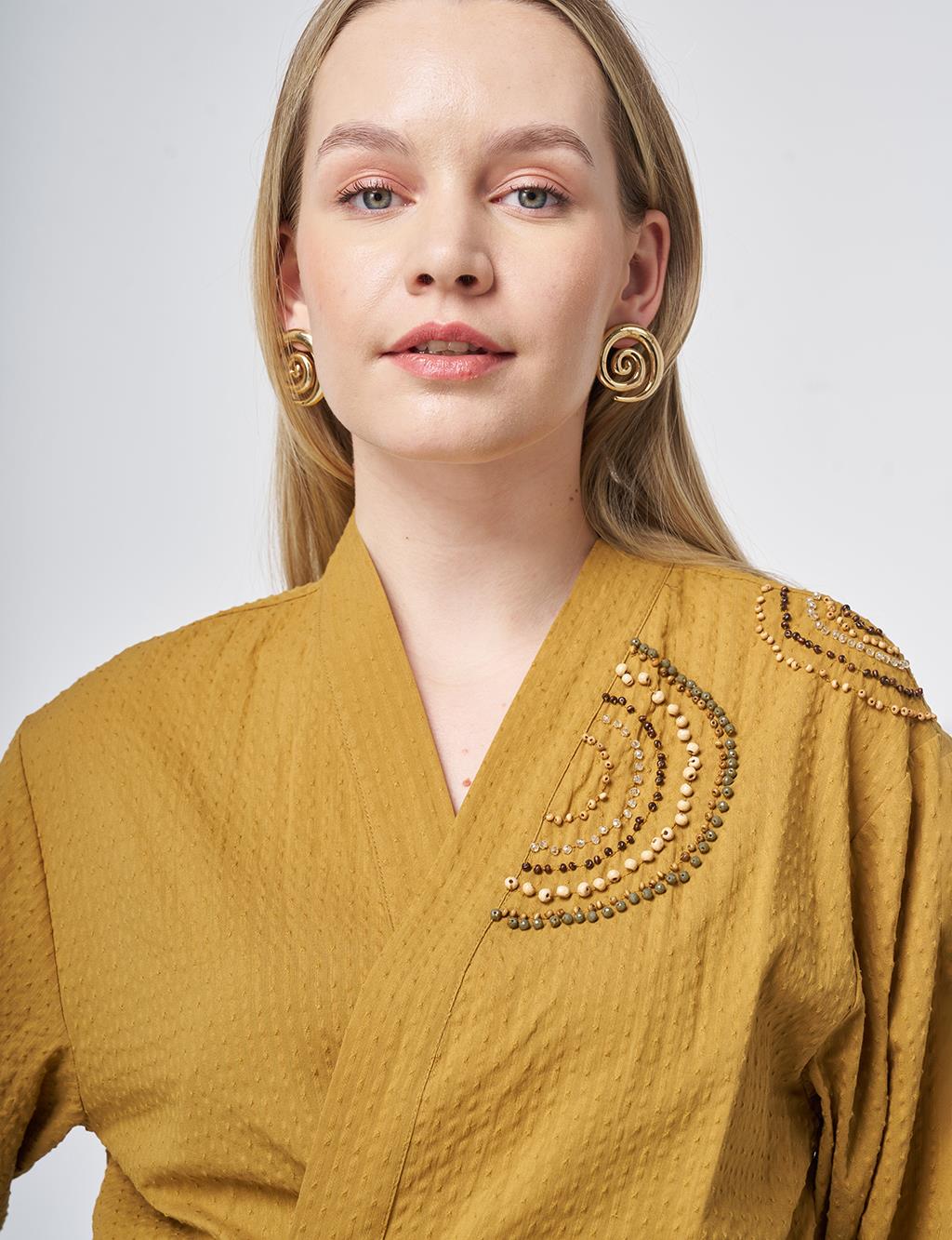 100% Cotton Beaded Kimono in Dark Mustard