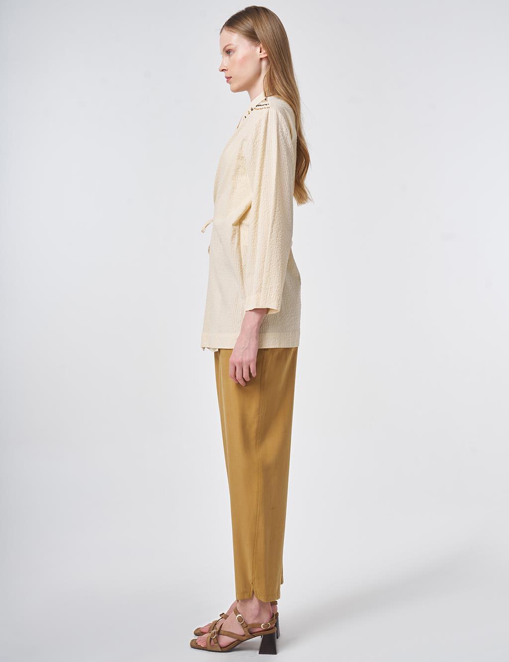 %100 Pamuklu Boncuk İşlemeli Kimono Krem 