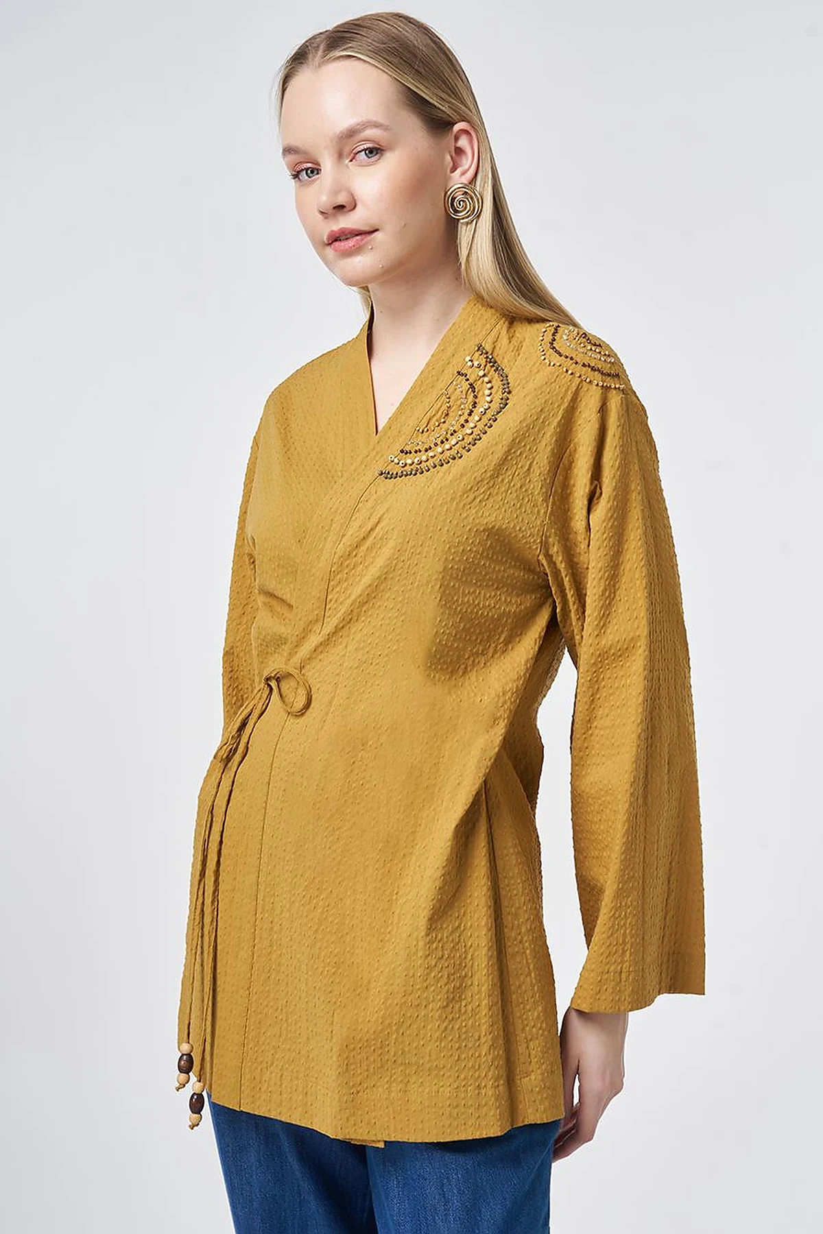 100% Cotton Beaded Kimono in Dark Mustard