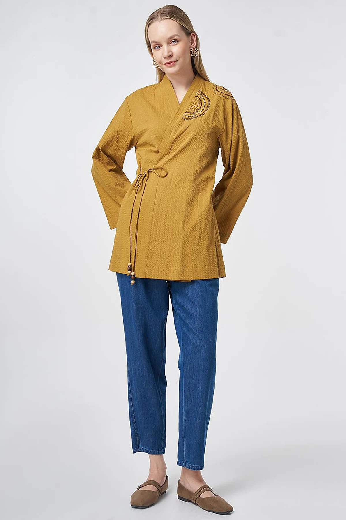 100% Cotton Beaded Kimono in Dark Mustard