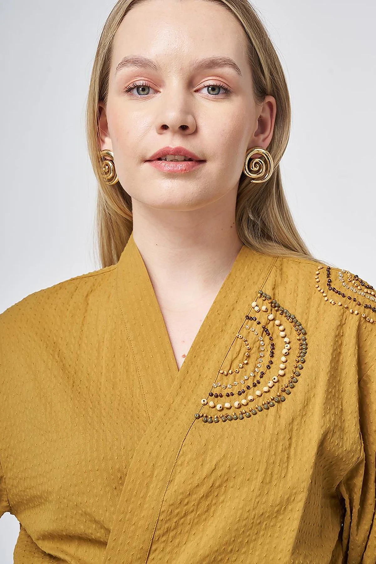 100% Cotton Beaded Kimono in Dark Mustard