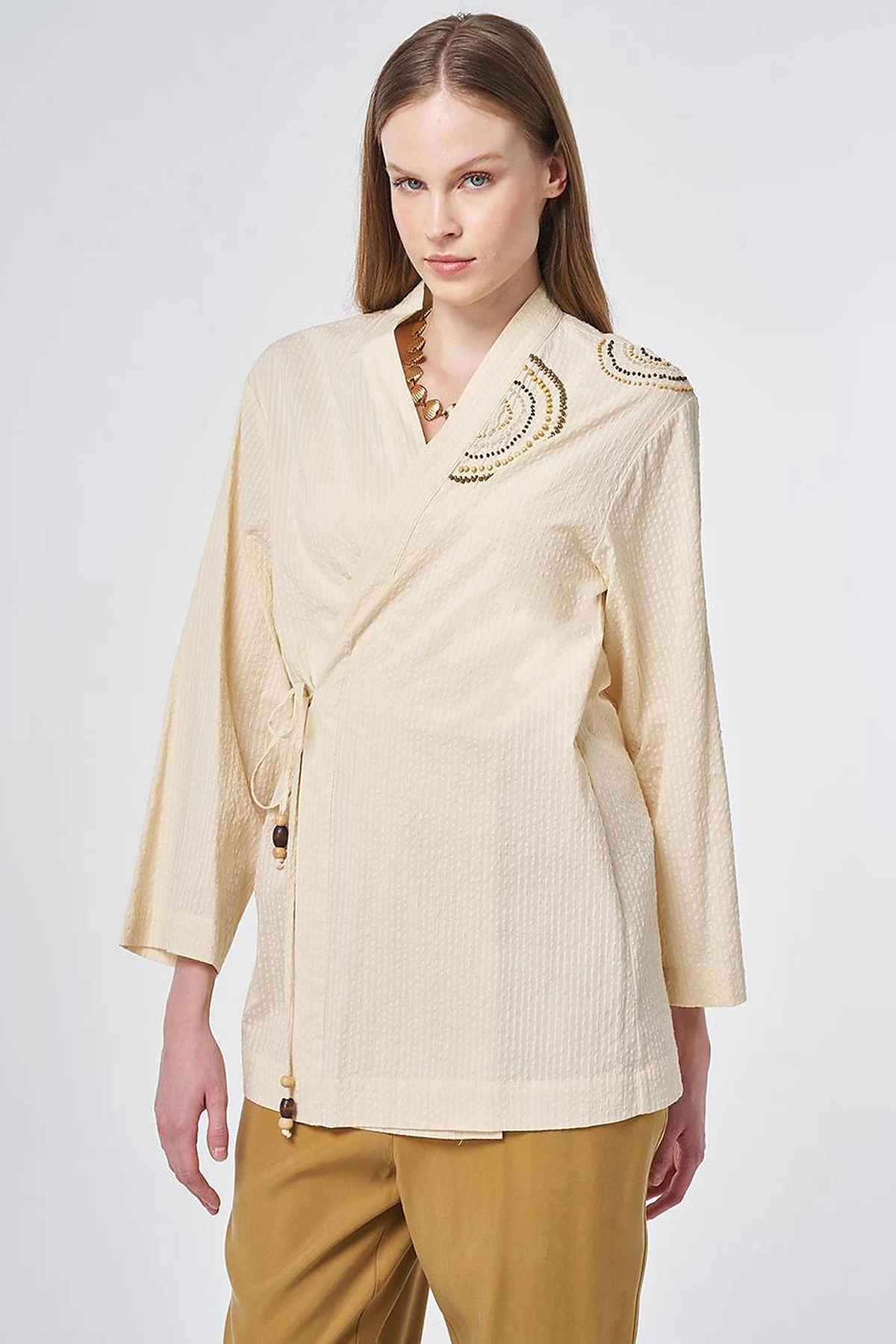 100% Cotton Beaded Kimono in Cream