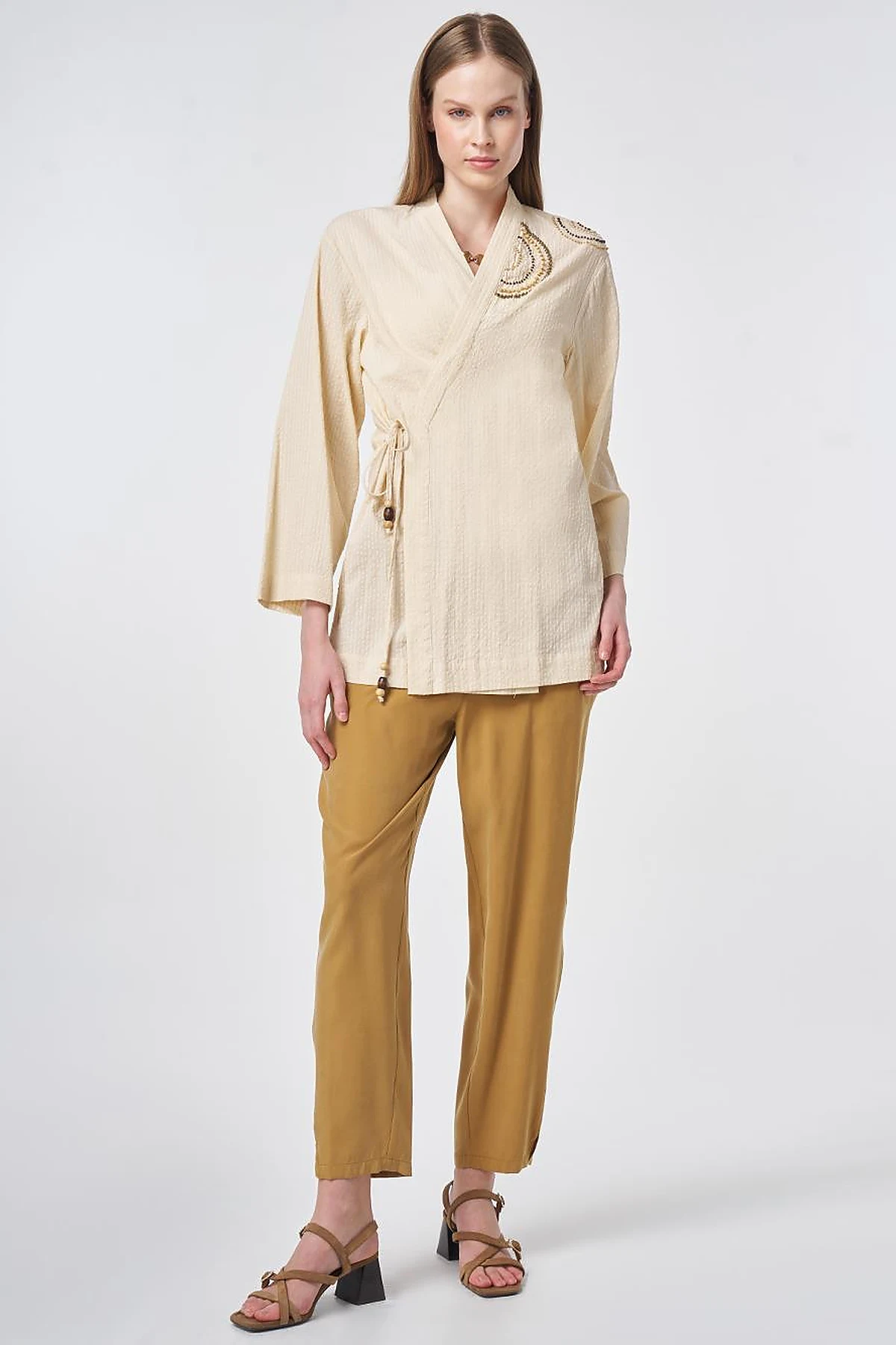 100% Cotton Beaded Kimono in Cream