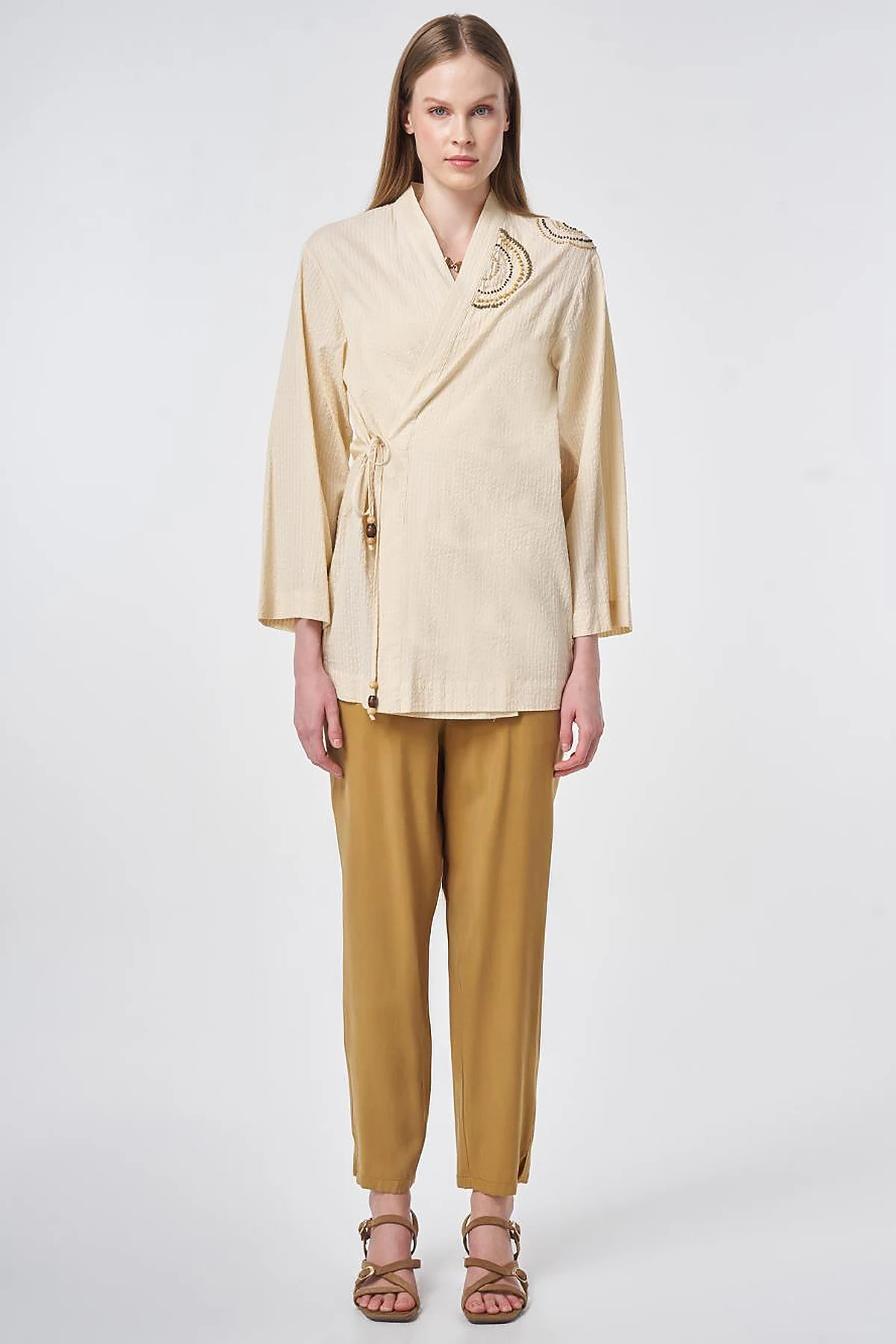 100% Cotton Beaded Kimono in Cream
