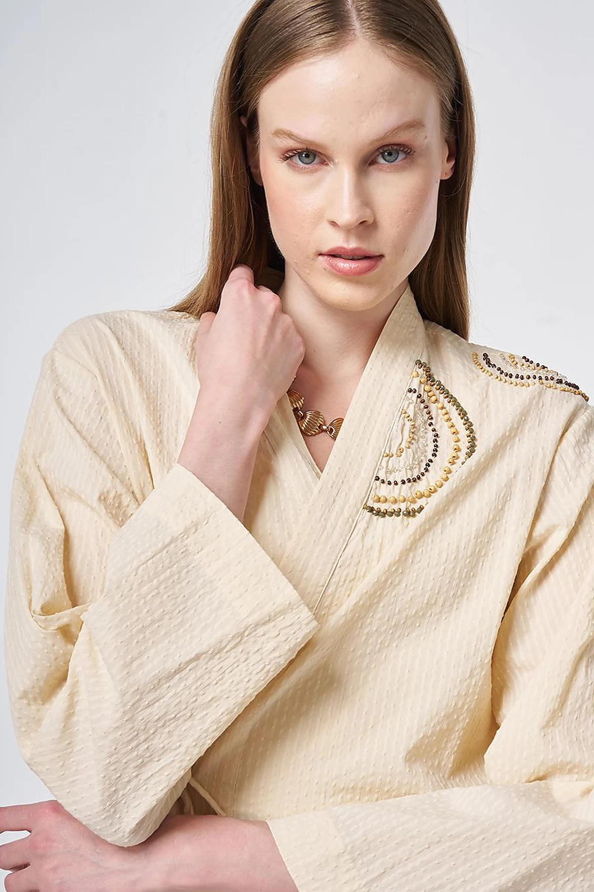 100% Cotton Beaded Kimono in Cream