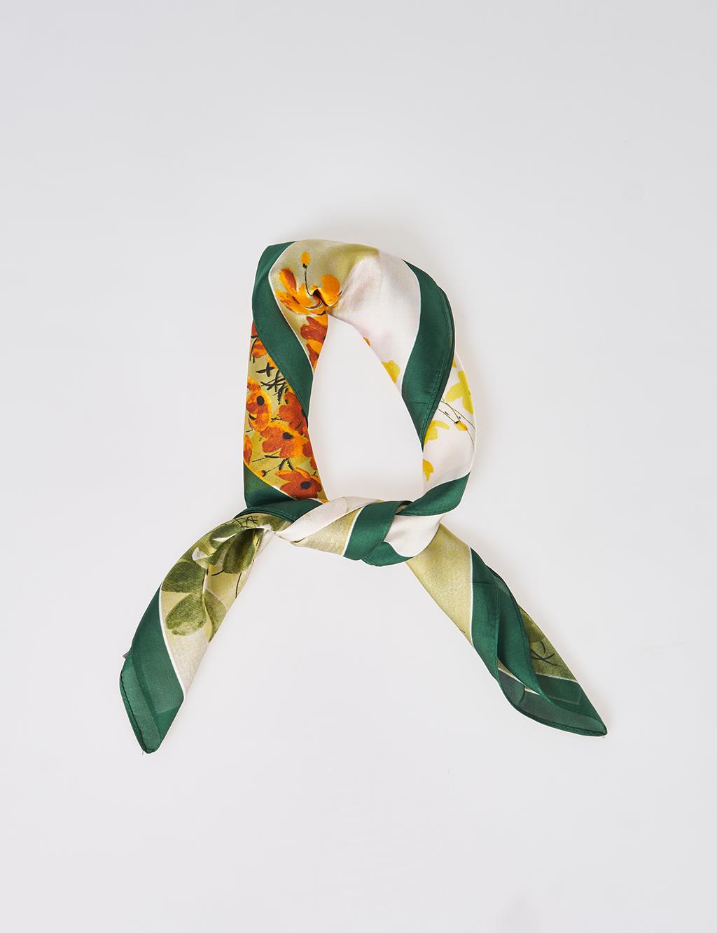 Ecru-Green Floral Pattern Scarf