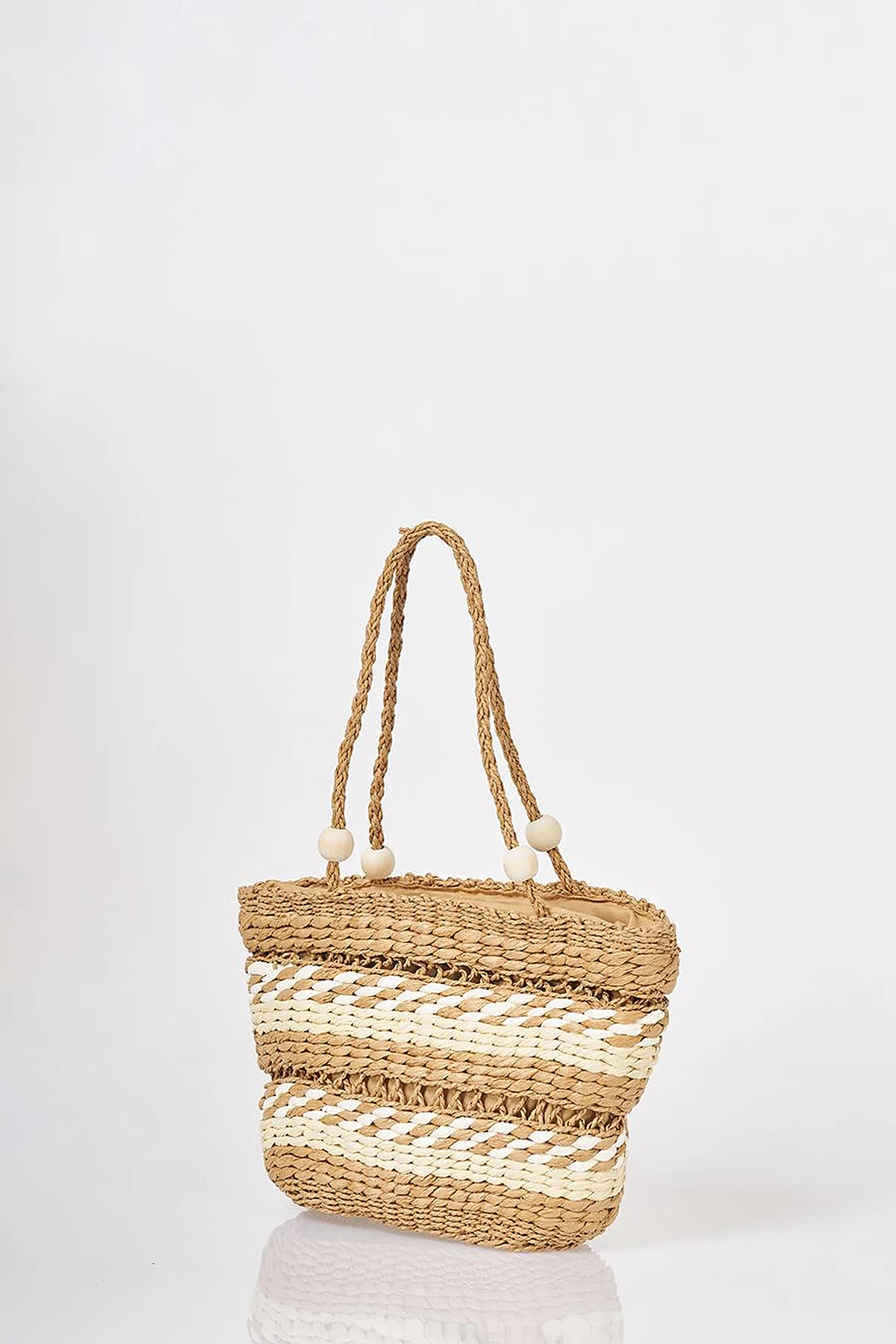 Beaded Detail Straw Bag Beige
