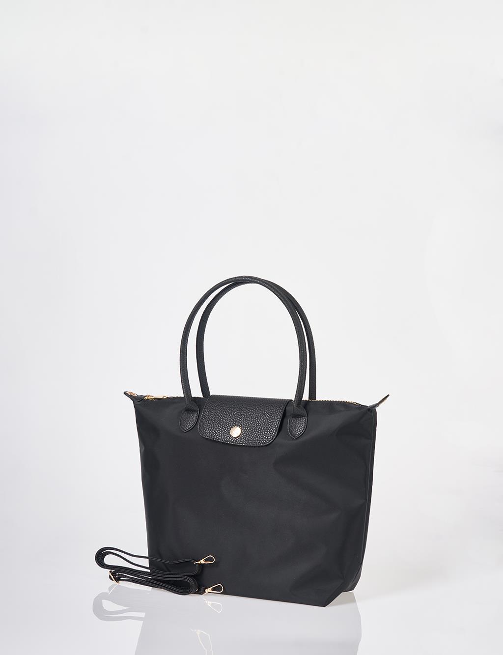 Flap Large Fabric Bag Black