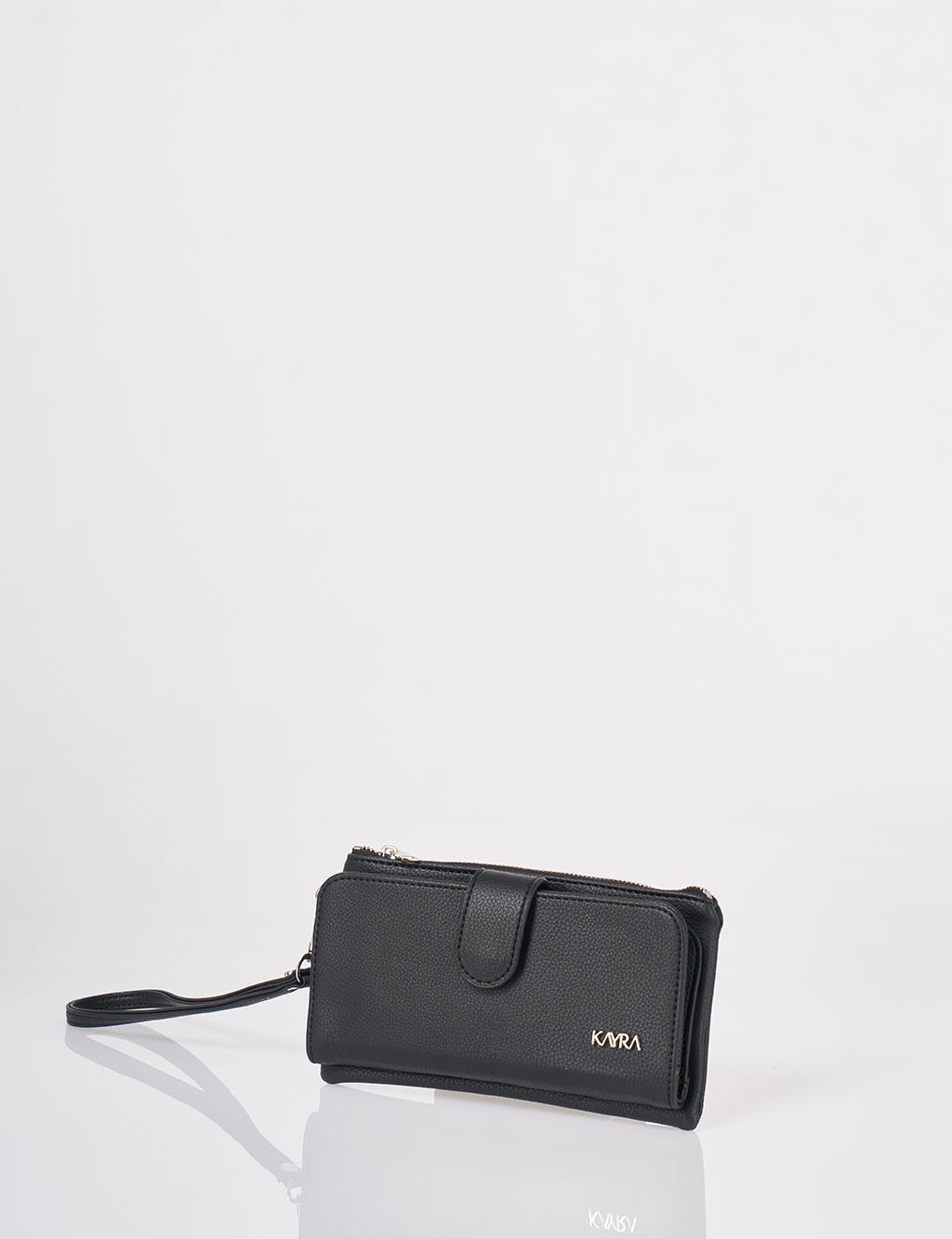 Snap Closure Long Wallet Black