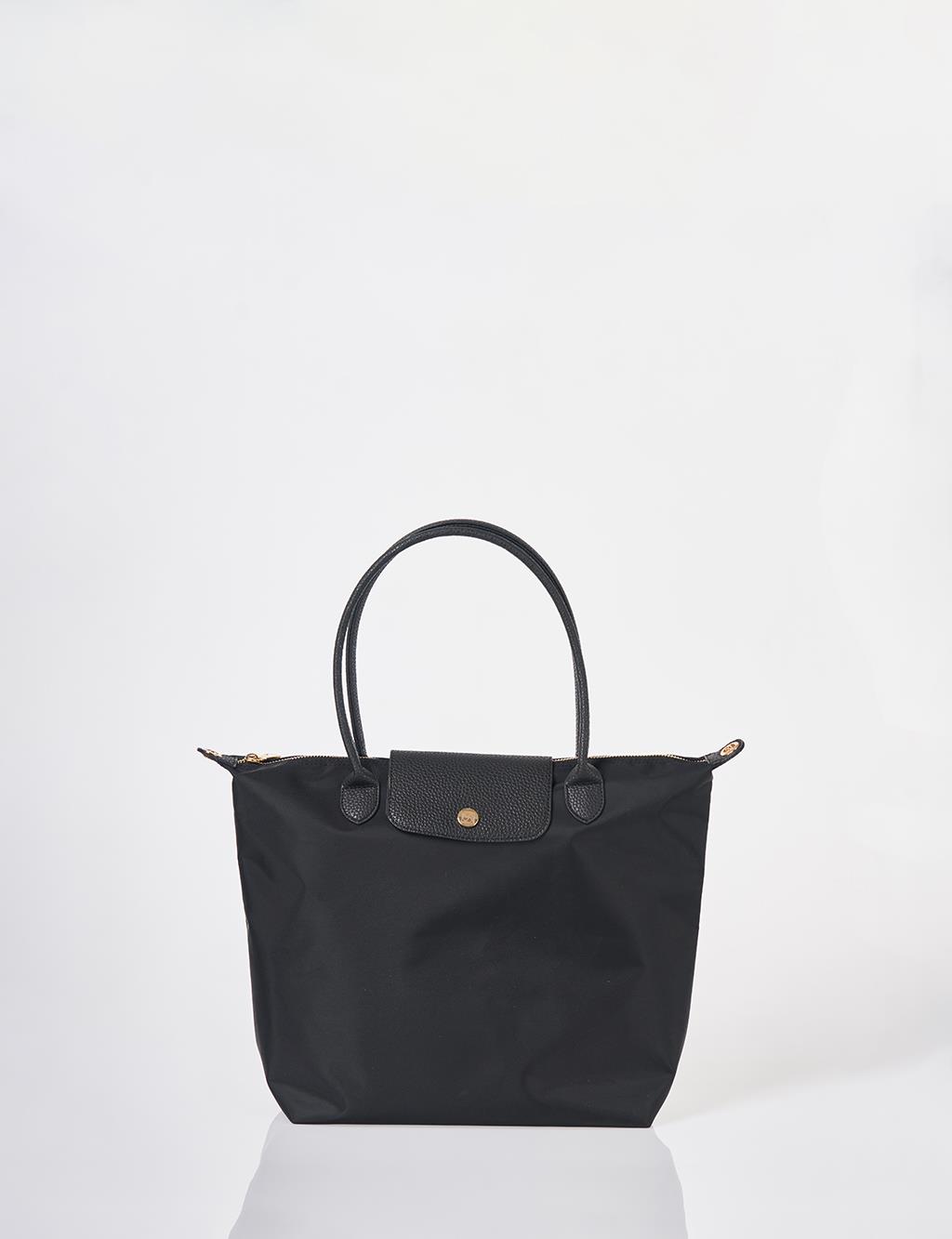 Flap Large Fabric Bag Black