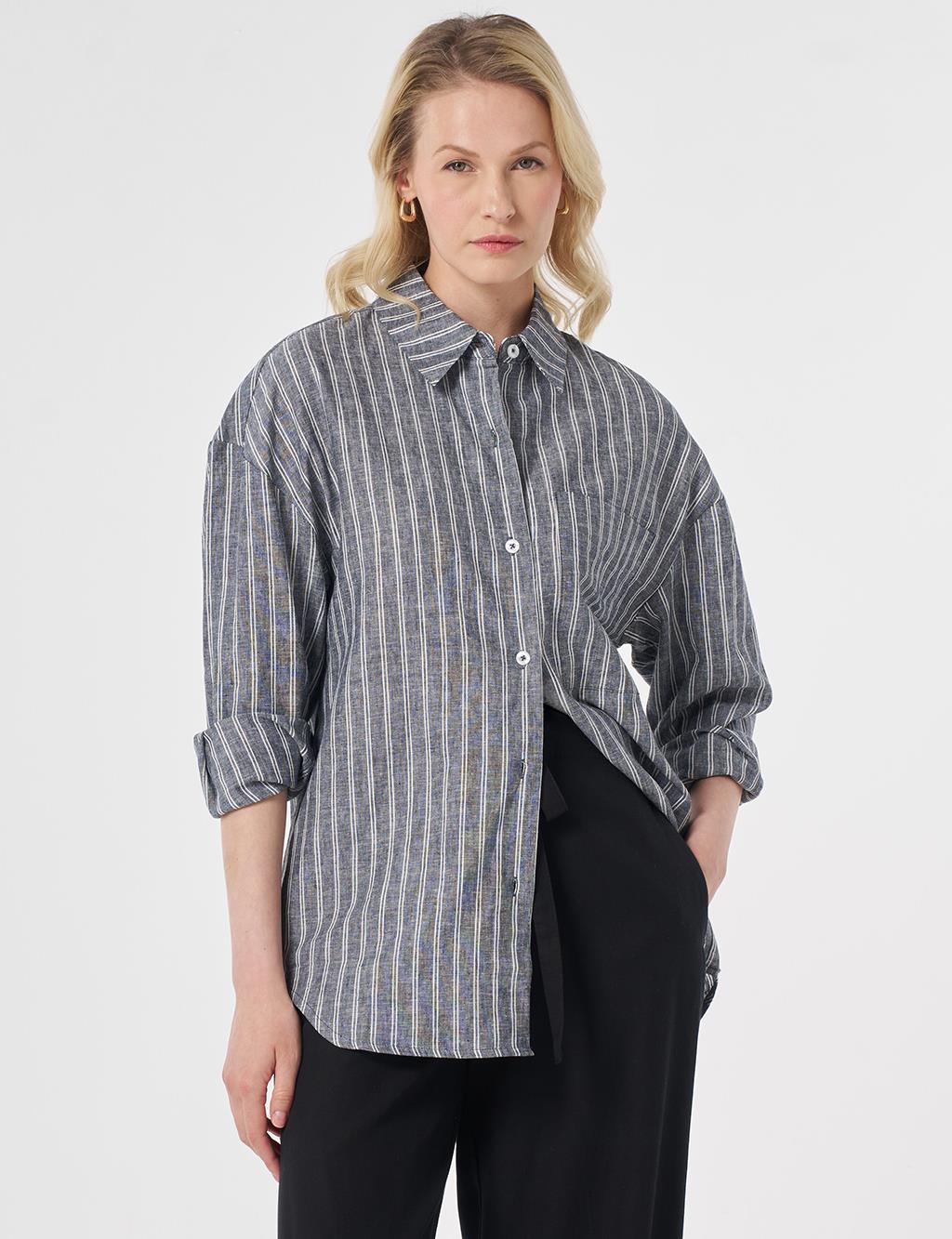 Single-Pocket Cotton Linen Tunic Dark Navy