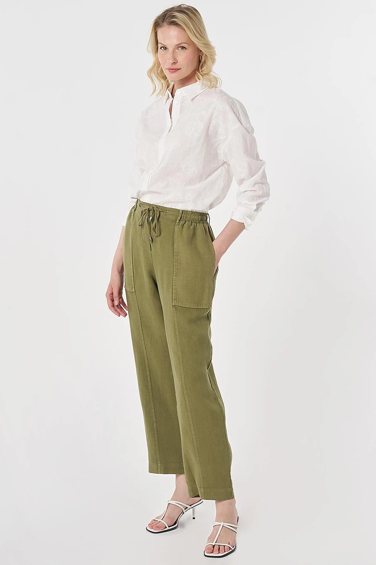 100% Linen Panel-Seamed Trousers Khaki