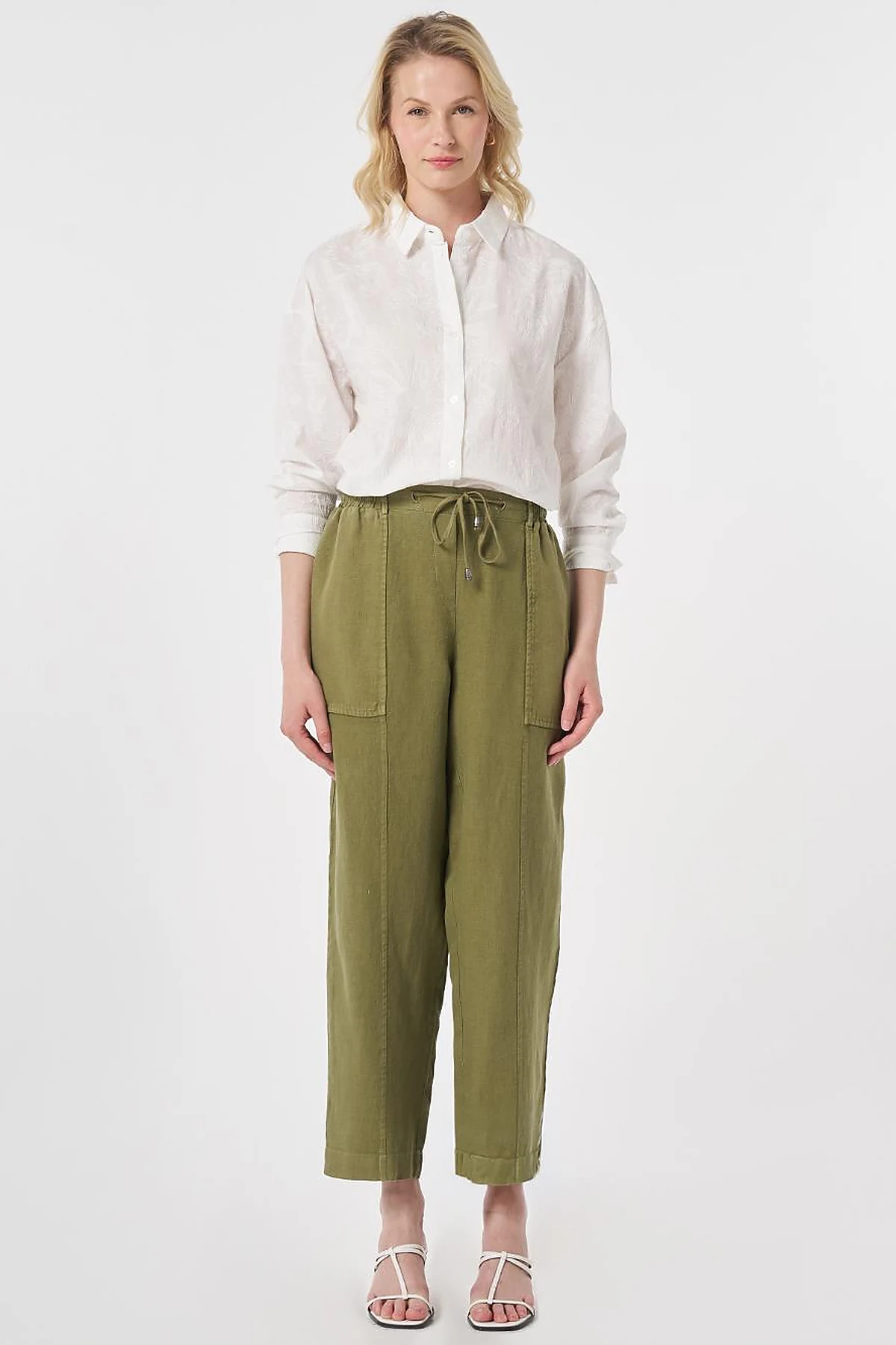 100% Linen Panel-Seamed Trousers Khaki