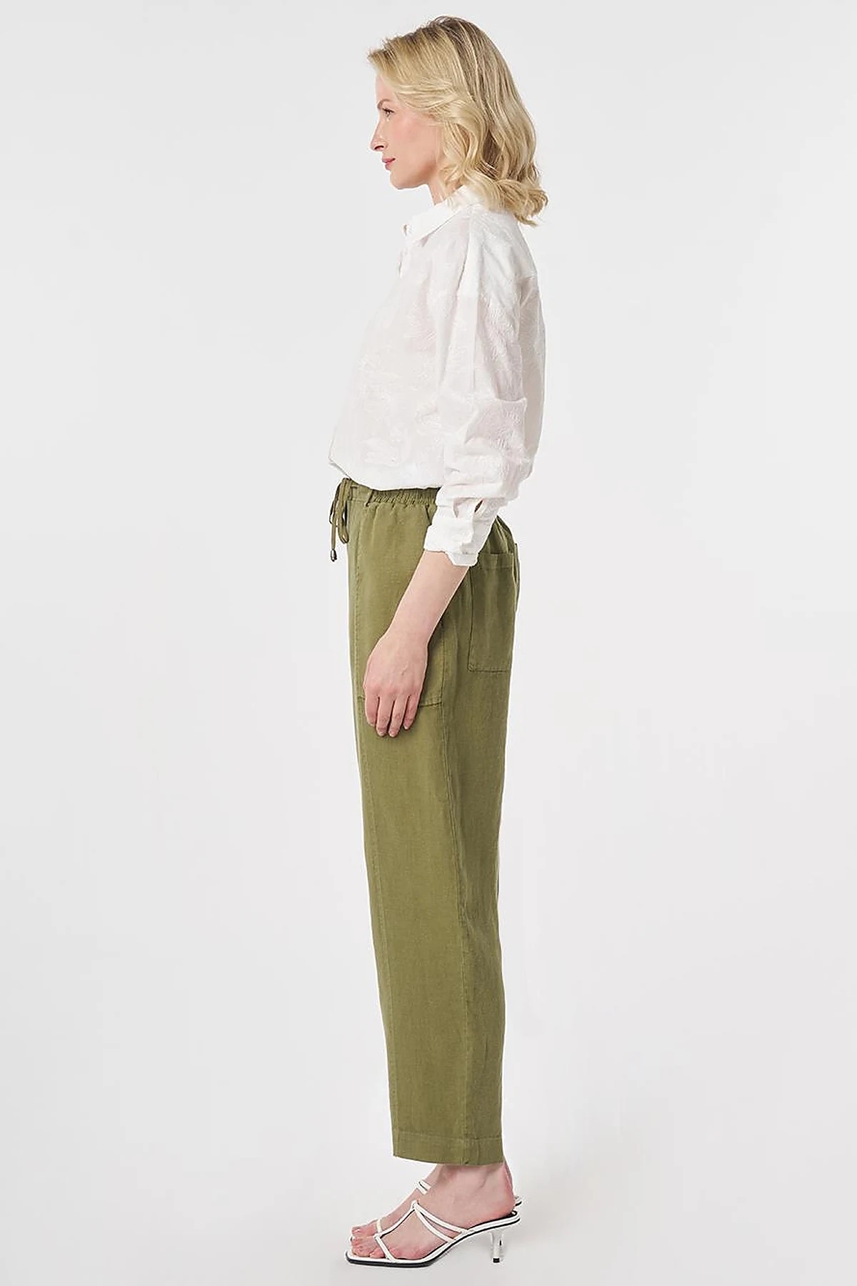 100% Linen Panel-Seamed Trousers Khaki