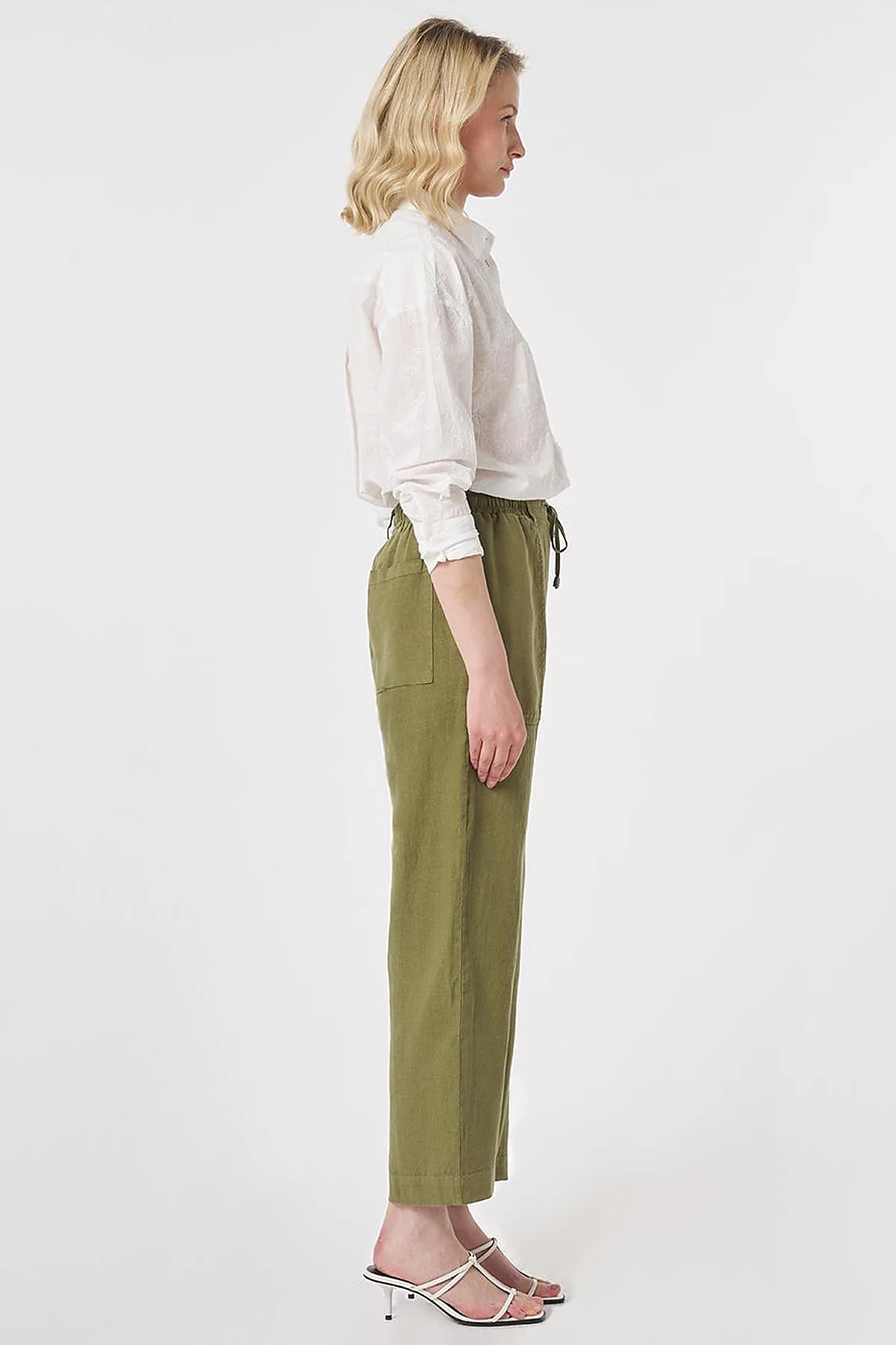 100% Linen Panel-Seamed Trousers Khaki