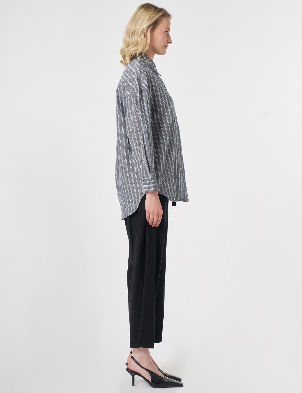 Single-Pocket Cotton Linen Tunic Dark Navy