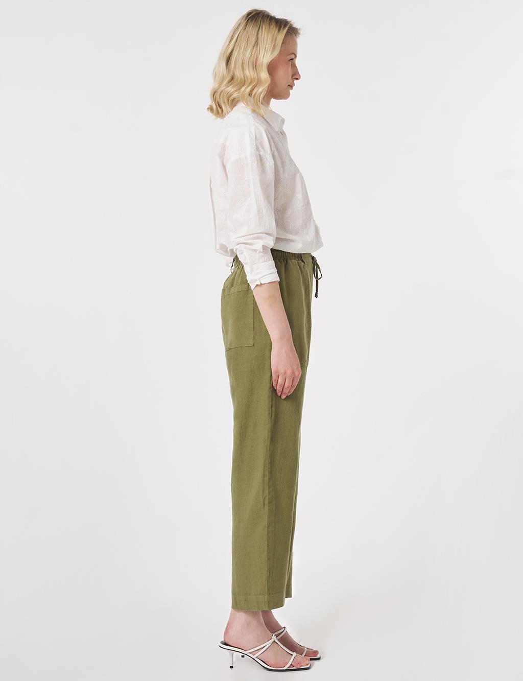 100% Linen Panel-Seamed Trousers Khaki
