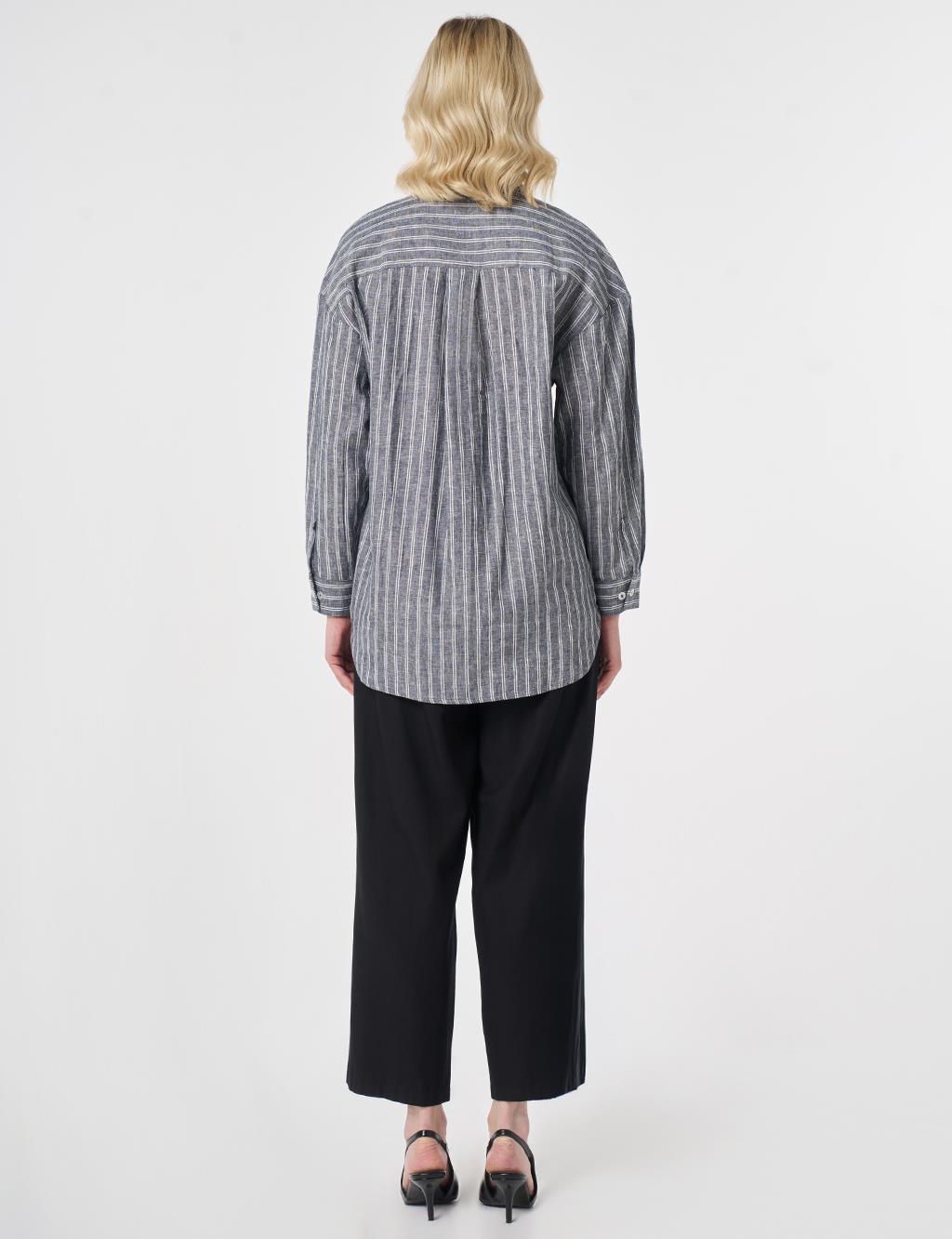 Single-Pocket Cotton Linen Tunic Dark Navy